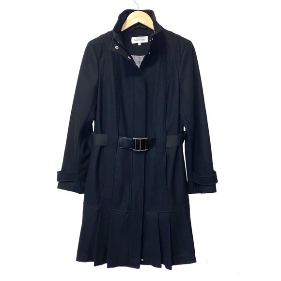 Calvin Klein Black Wool Coat Tailored Midi Trench Overcoat Womens 10 Medium - Picture 1 of 14